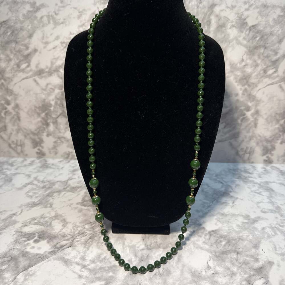 Vintage Hand-Knotted Green Nephrite Jade Bead Necklace with Gold-Tone Spacers